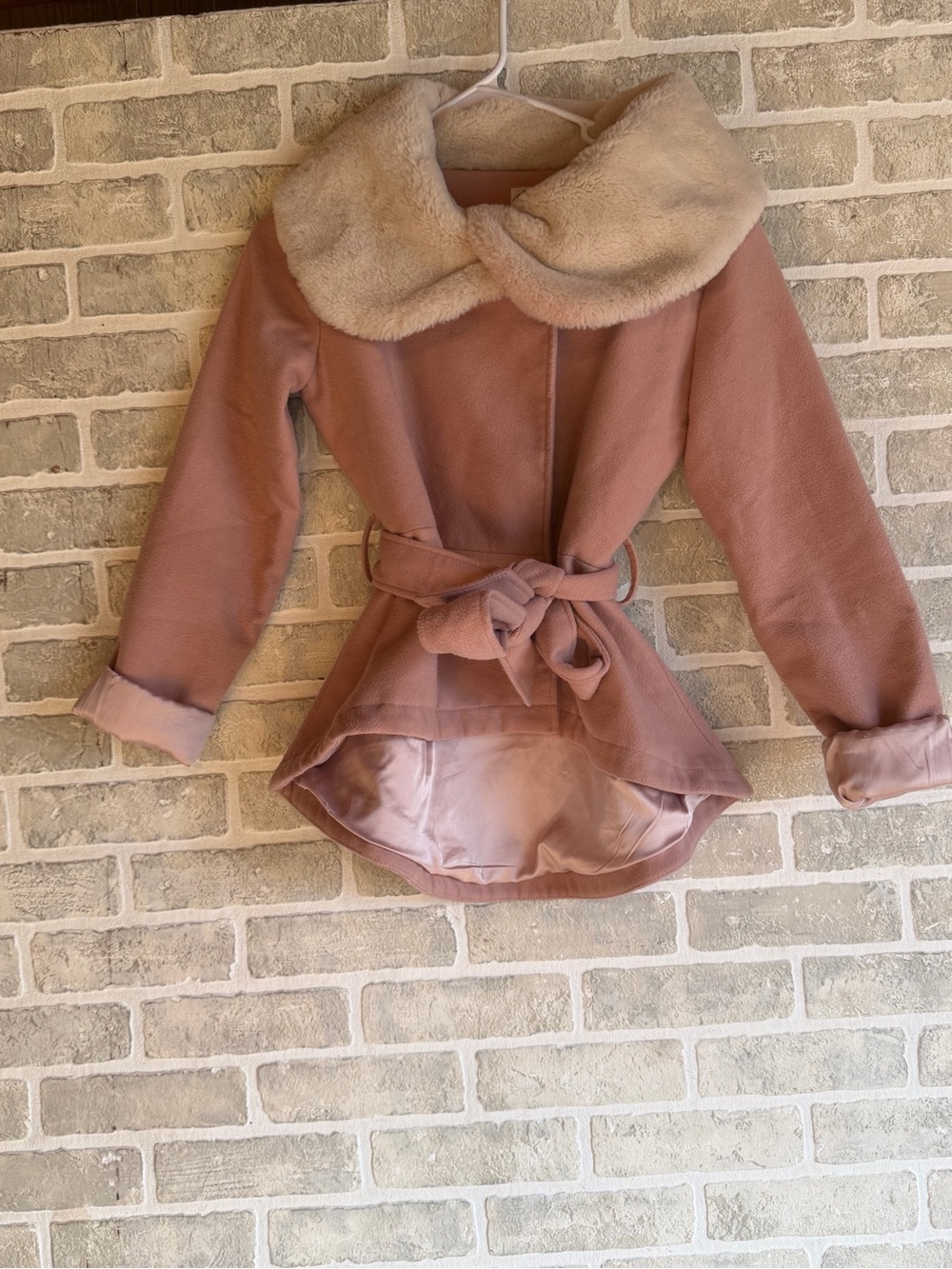 Joyfolie Blush Pink Coat with Cream Faux Fur Collar